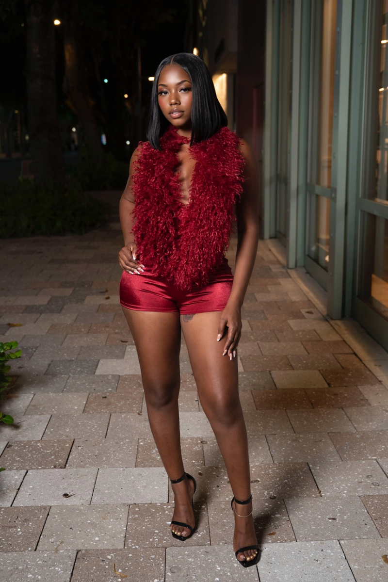 Courtney Fur Romper - Burgundy